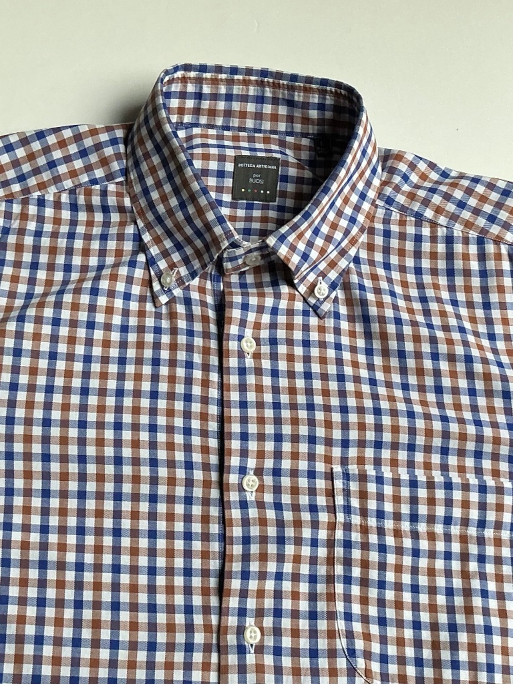 Bottega Artigiana brown &  blue checkered cotton shirt Sz L made in Italy 🇮🇹